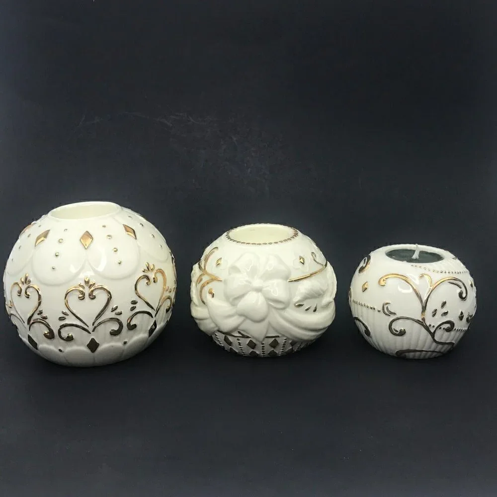 Vintage 90s Otagiri 3 Round Porcelain Tea Light Candle Holders Gold Accent